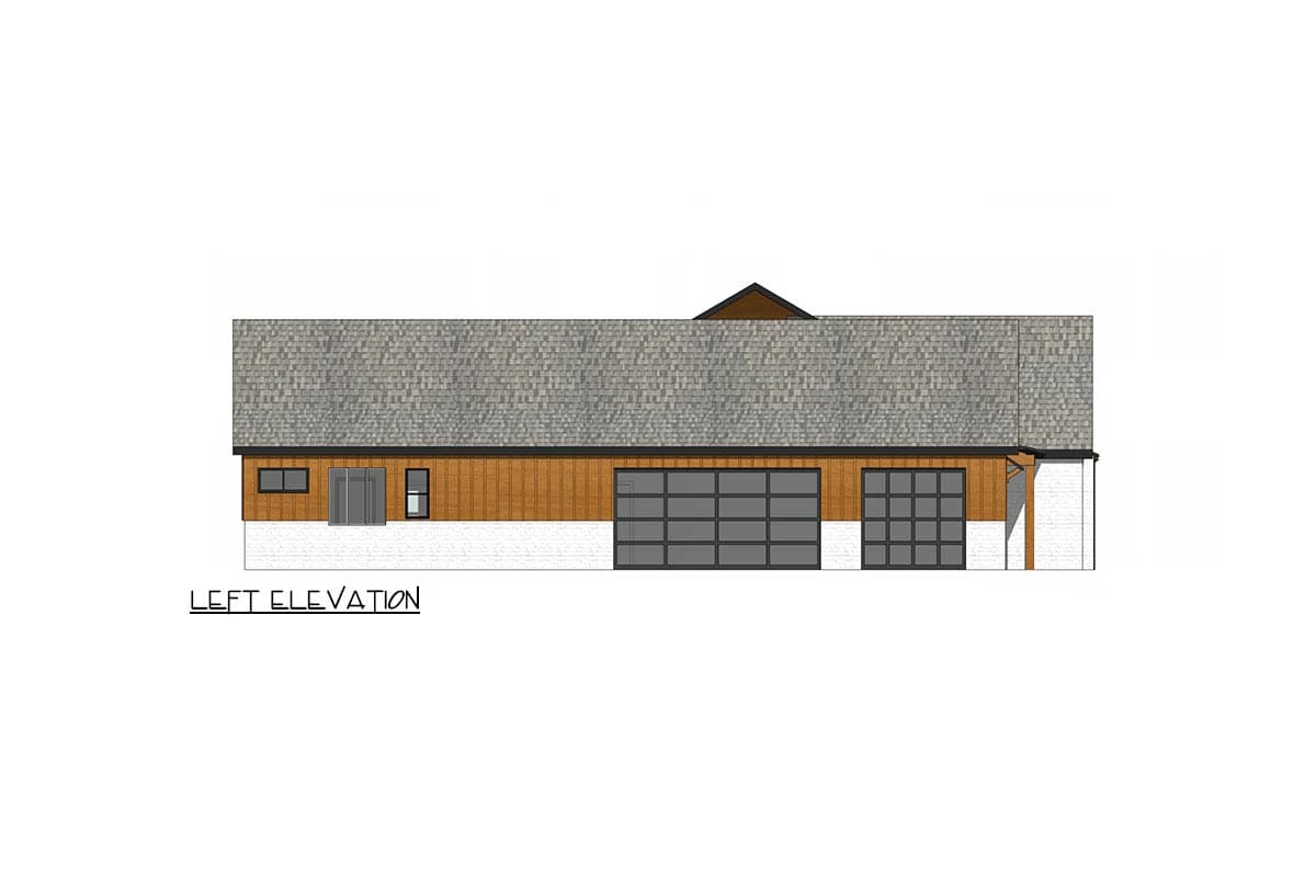 Architectural rendering of a modern house, showing the left elevation with a wood and white facade, grey roof, and two garage doors.
