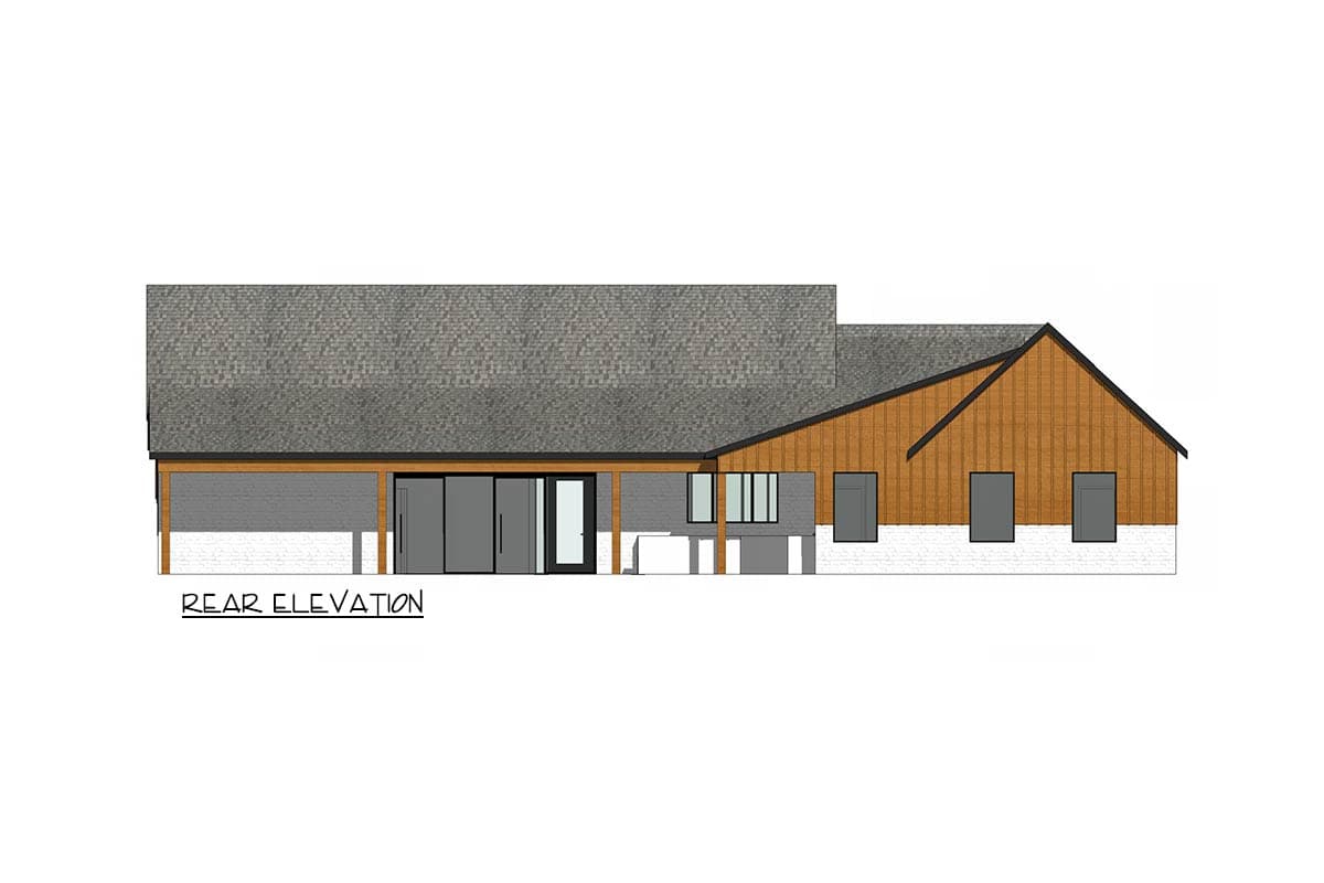 Architectural rendering of a modern house, showing the rear elevation. It features a grey roof, wood siding, large windows, and a brick facade.
