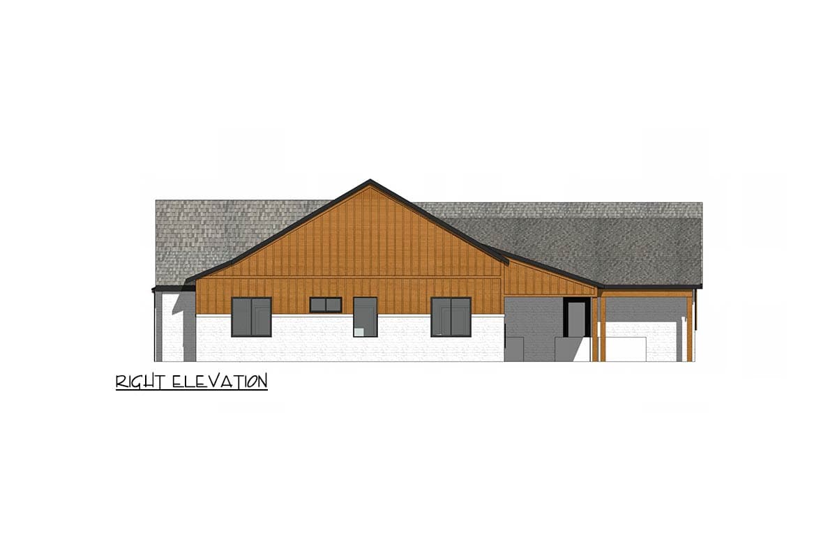 Architectural rendering of a modern home's right elevation, featuring a gabled roof with wood paneling and a white brick facade.