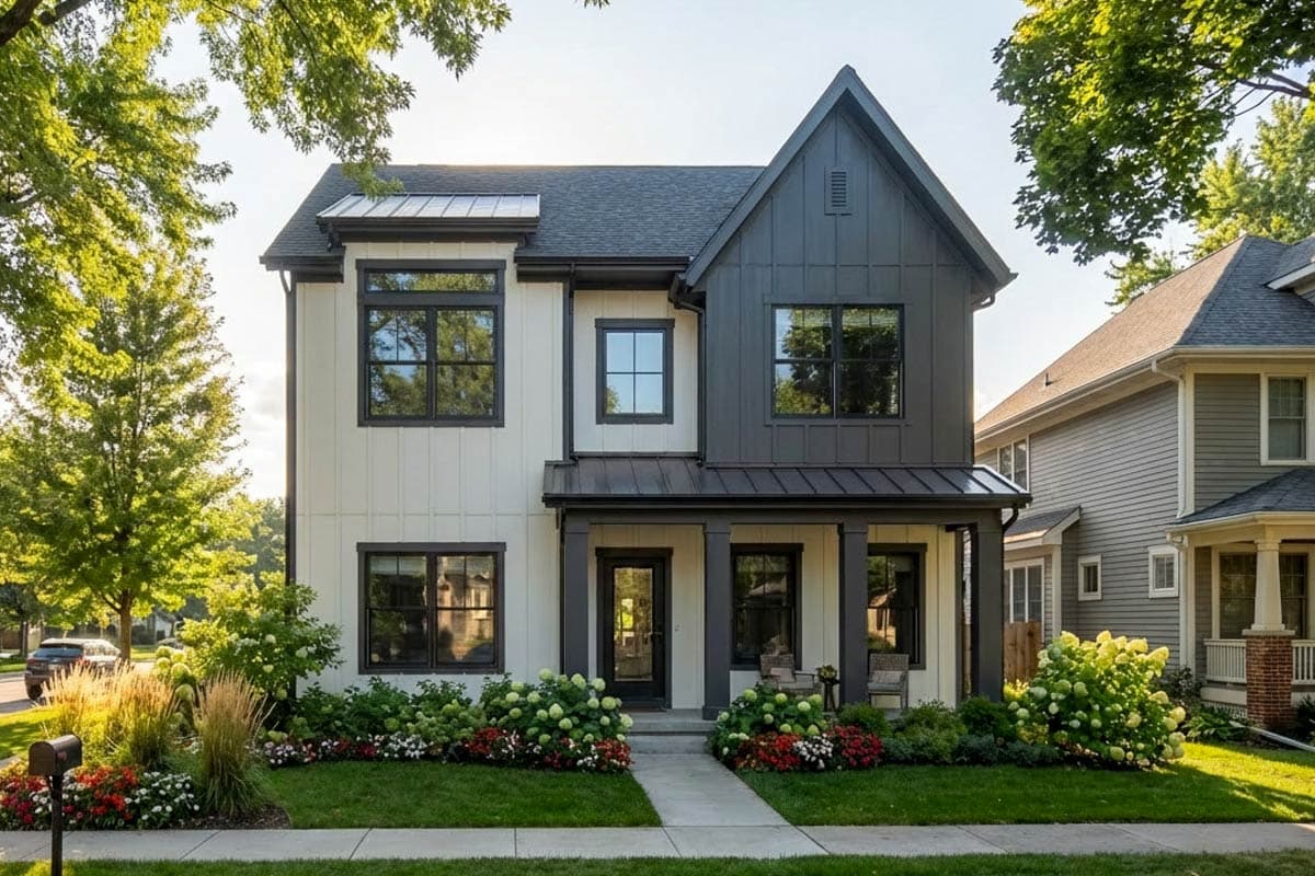 A modern two-story house with a white exterior, dark gray accents, and a porch. Landscaping with lush flower beds and trees in the front yard.