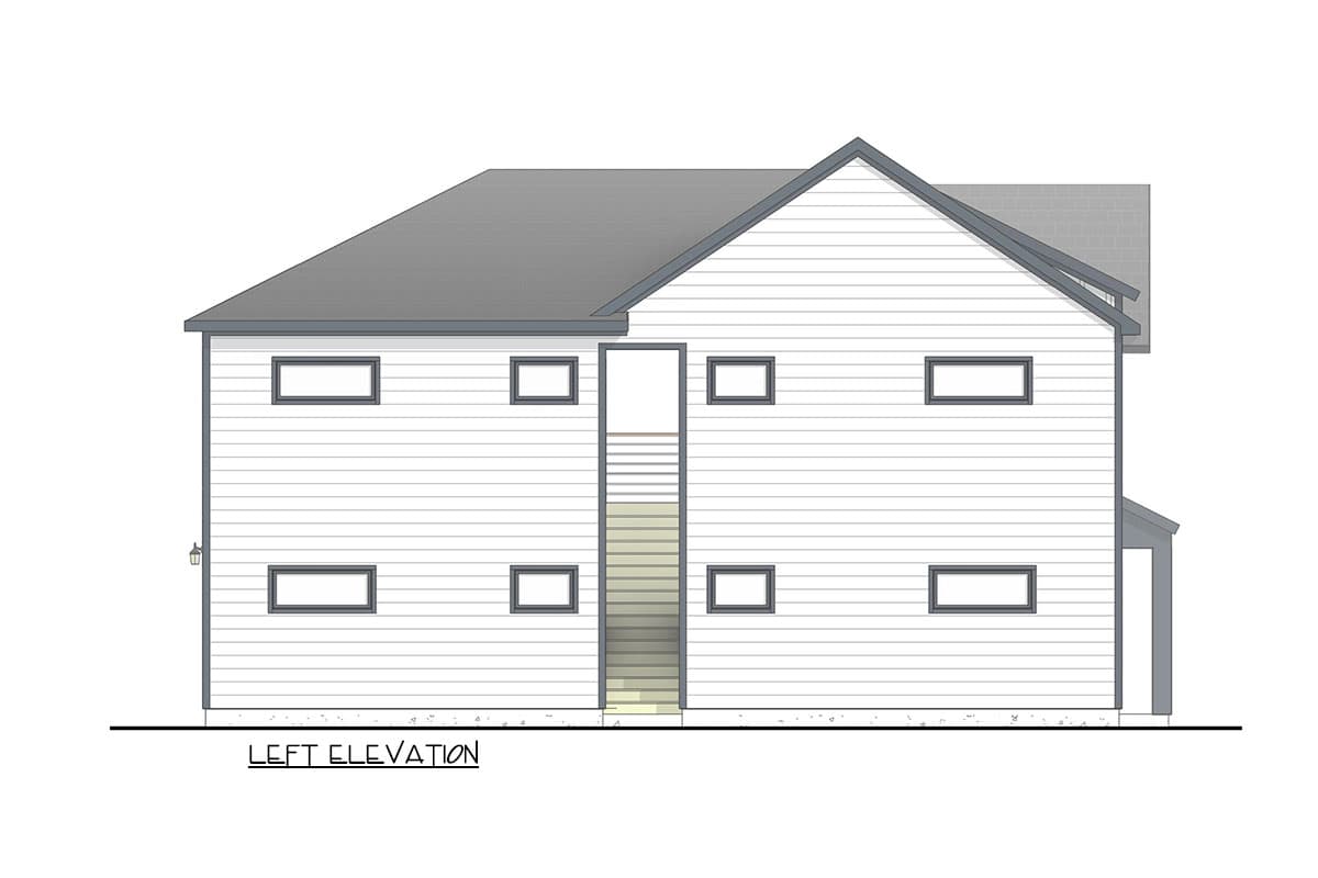 Left elevation drawing of a two-story house plan with horizontal siding, multiple windows, and a central exterior staircase.
