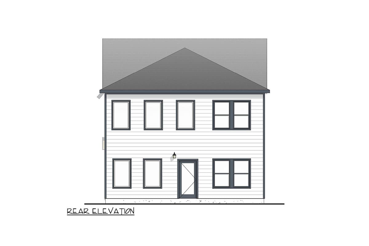 Rear elevation drawing of a two-story house plan with lap siding, multiple windows, and a central door.