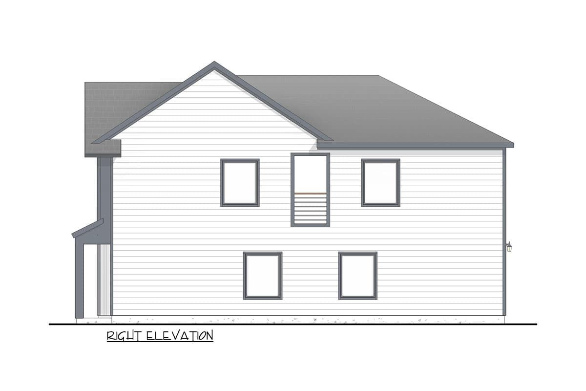 Right elevation of a two-story house plan with lap siding, multiple windows, and a prominent gable roof.