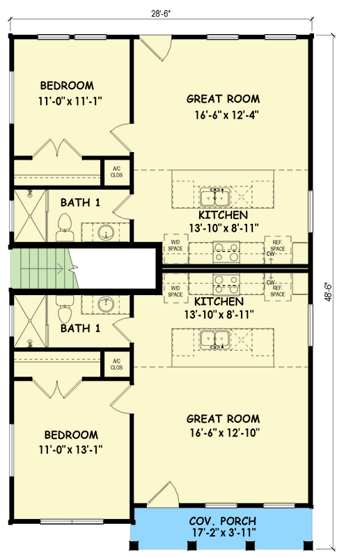 Plan 100365GHR: Chic Modern Farmhouse Quad Plex Plan with 4 Beds and First-Floor Master Suite - Floor Plan - Main Level - Modern, Modern Farmhouse, New American