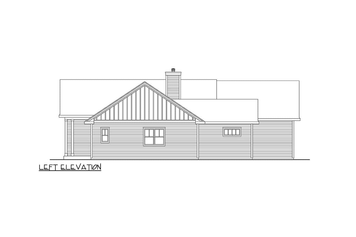 Left elevation house plan showing a single-story home with a gable roof, dormer, chimney, and horizontal siding.