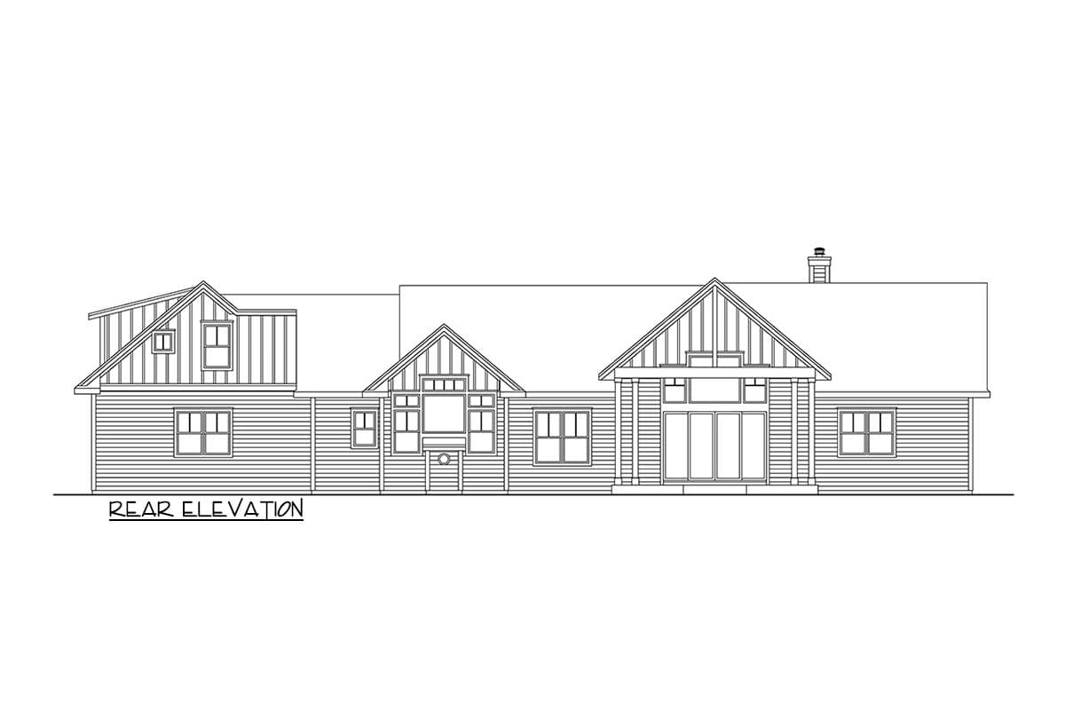 Rear elevation drawing of a house with gabled dormers, varied rooflines, and large windows.