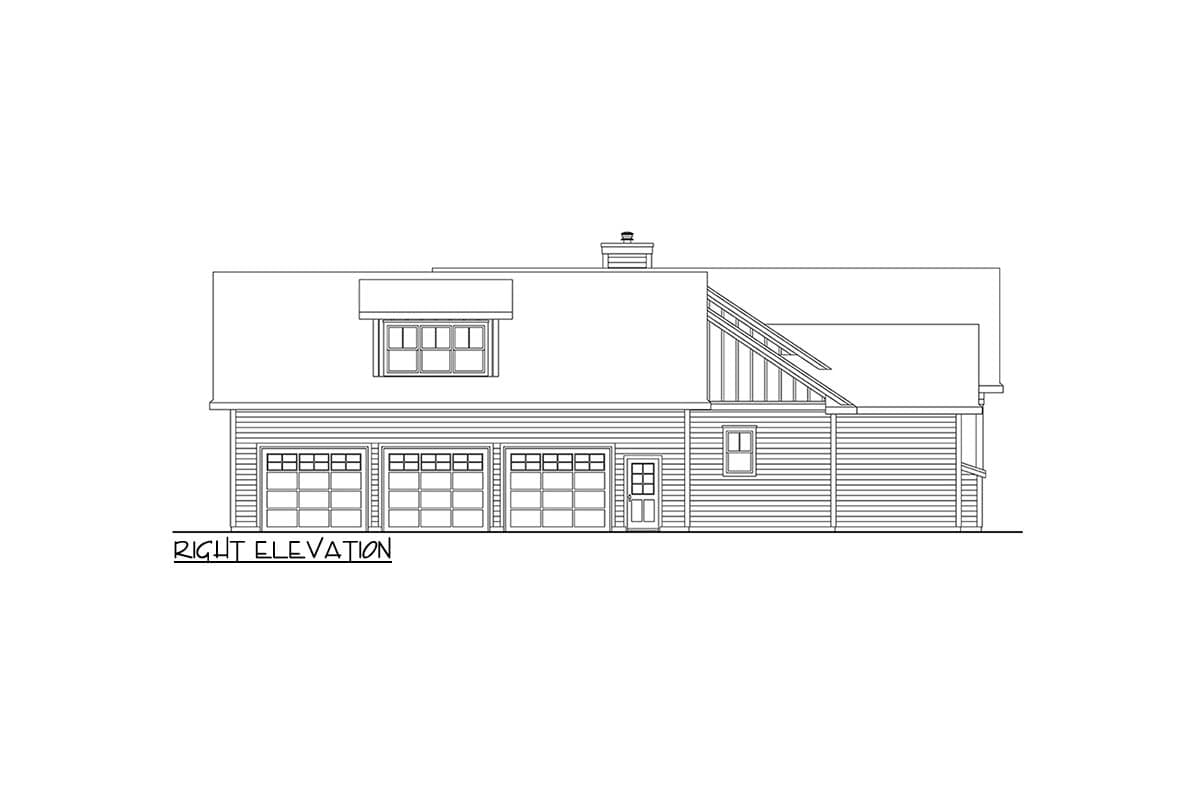 Right elevation of a house plan showing a three-car garage, a dormer with multi-pane windows, and exposed rafter tails.