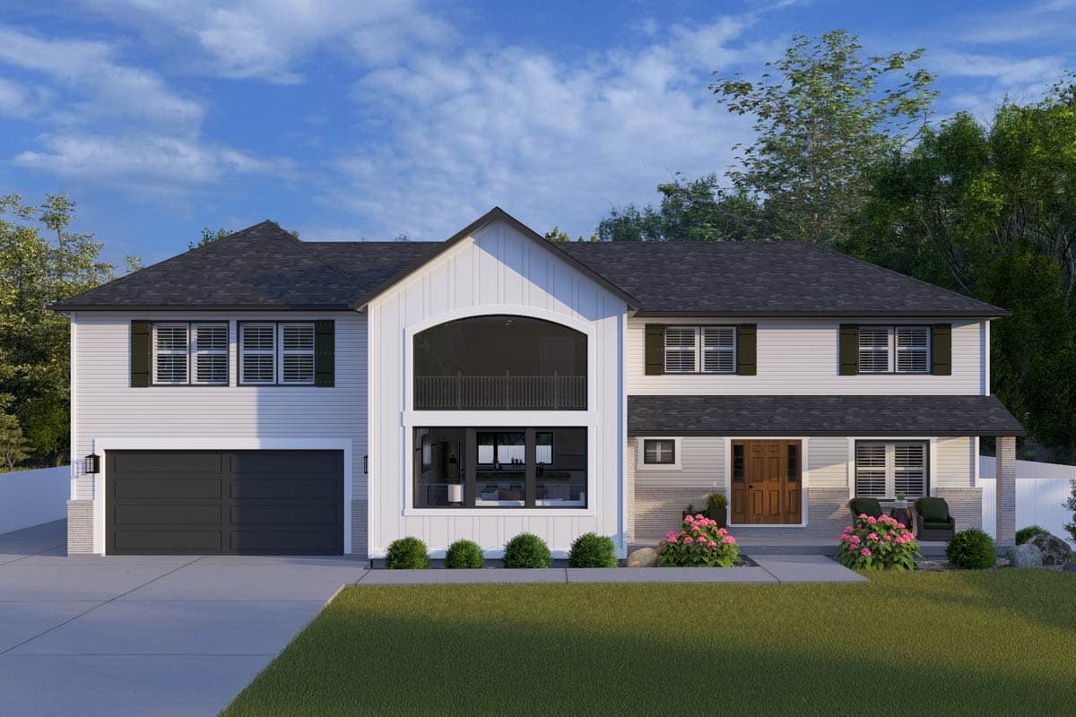 A modern two-story house with a symmetrical facade, large arch window, dark gray roof, and a neatly manicured front yard with landscaping.