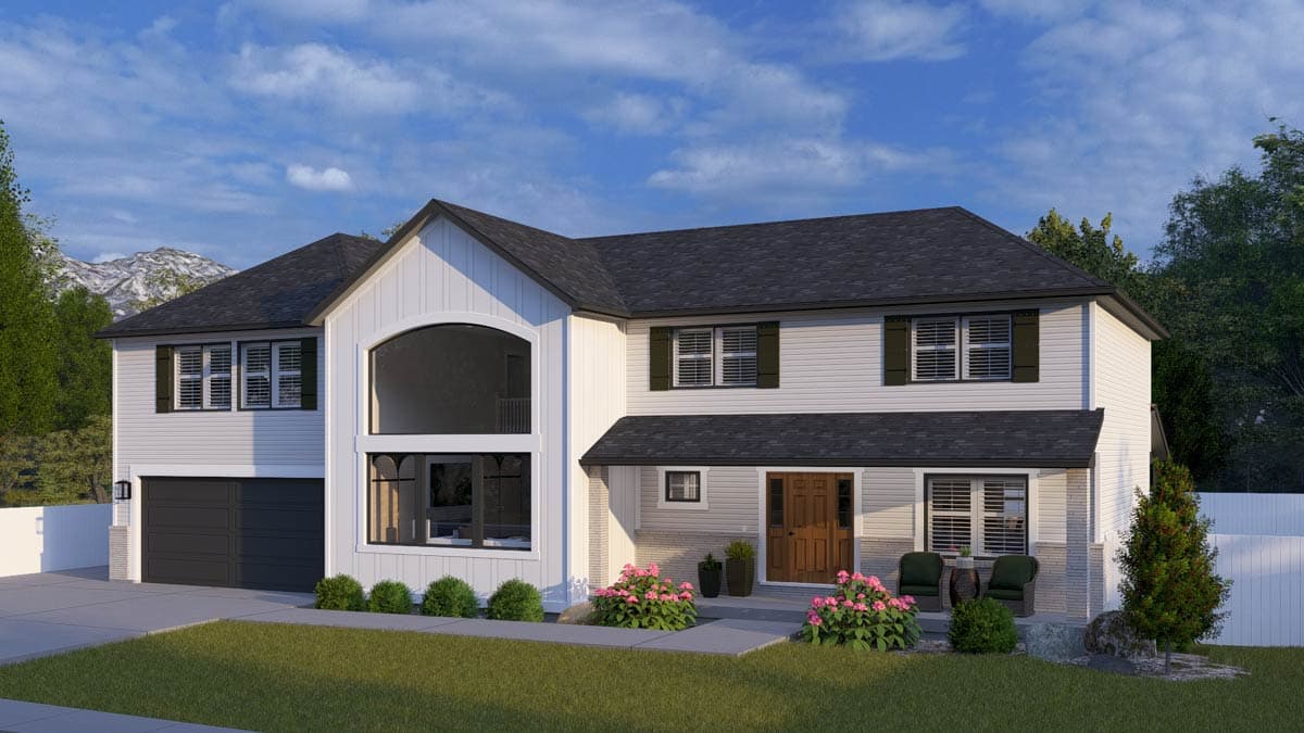 Two-story house plan exterior with integrated garage, arched window facade, dormer, and covered entry.