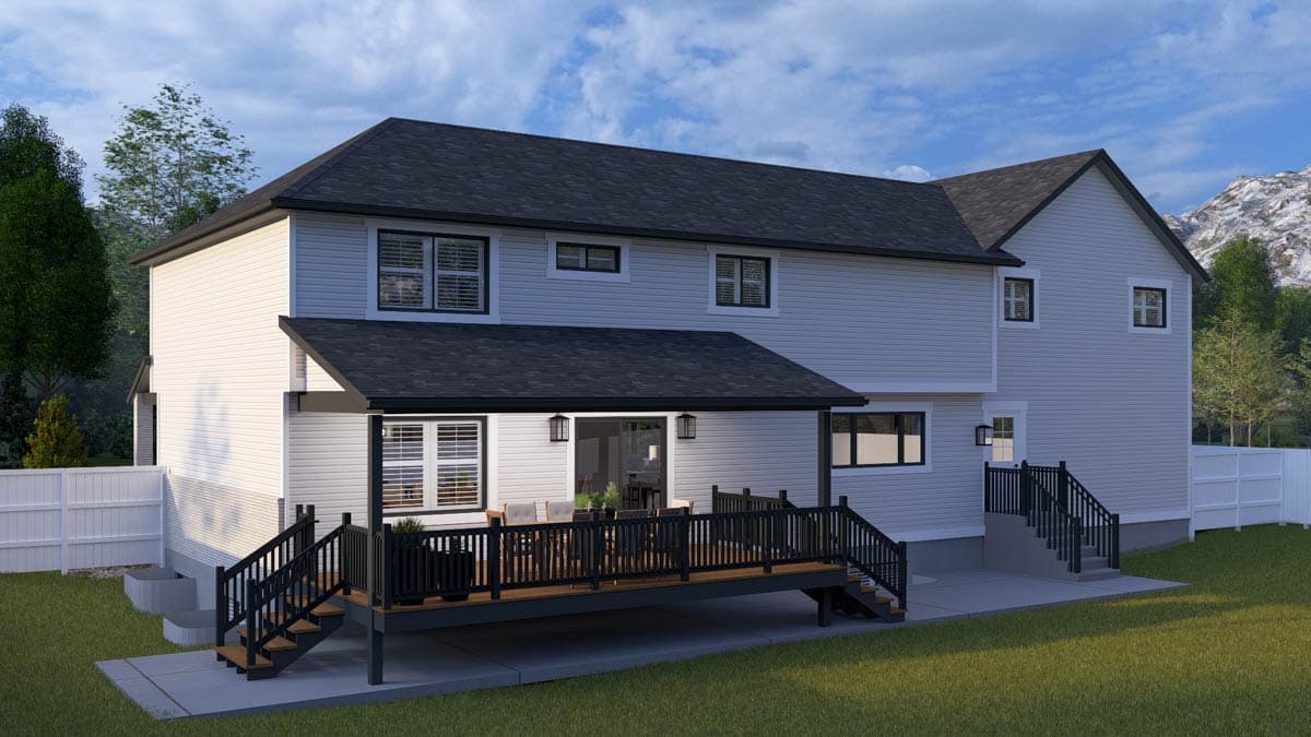 Two-story house plan exterior with a large deck and covered patio area. Features vinyl siding, gable roof, and multiple staircases.
