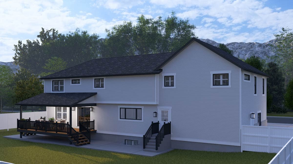 House plan exterior of a two-story home with a covered deck, multiple gables, and vinyl siding.