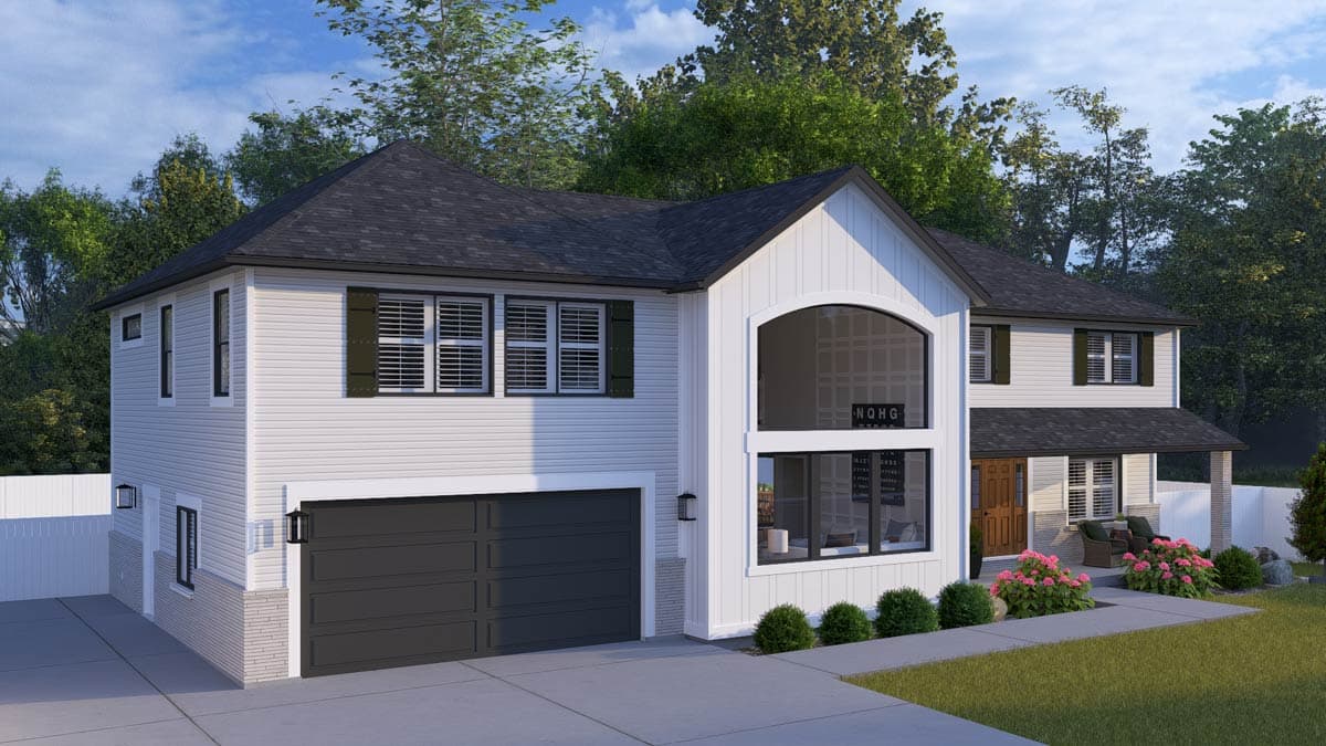 Two-story house plan exterior with attached garage, gable roof, prominent arched window, and covered entry.