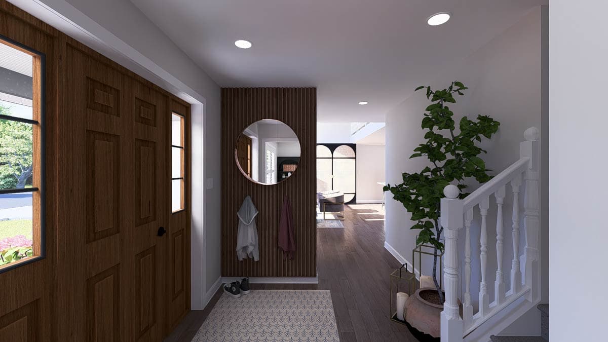 Interior view of entryway with wood paneled double door, vertical slat wall with round mirror, and staircase with white balusters.