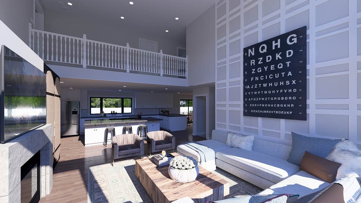 Interior rendering: Open-plan great room with vaulted ceiling, second-story railing, fireplace, kitchen island, and dining area.