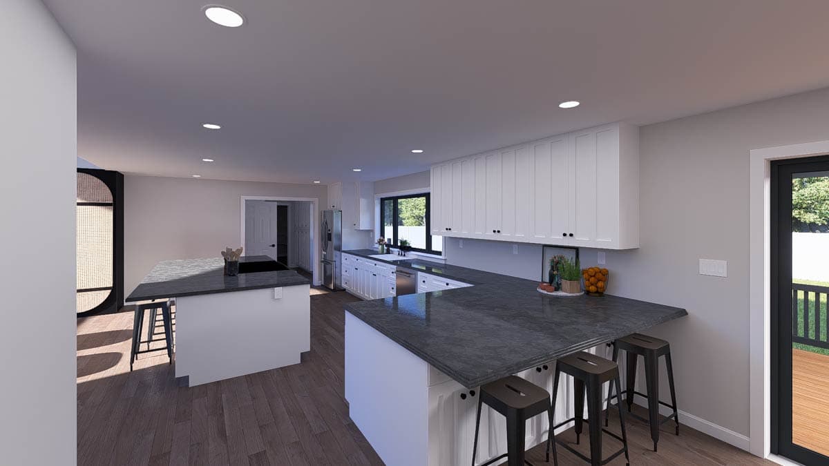 Rendering of an open concept kitchen with a large island, a U-shaped counter, white cabinetry, and stainless steel appliances.