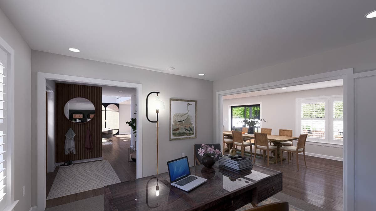 Rendering shows a home office with a desk and laptop, adjacent to a dining room and entryway with a wood slat wall and round mirror.