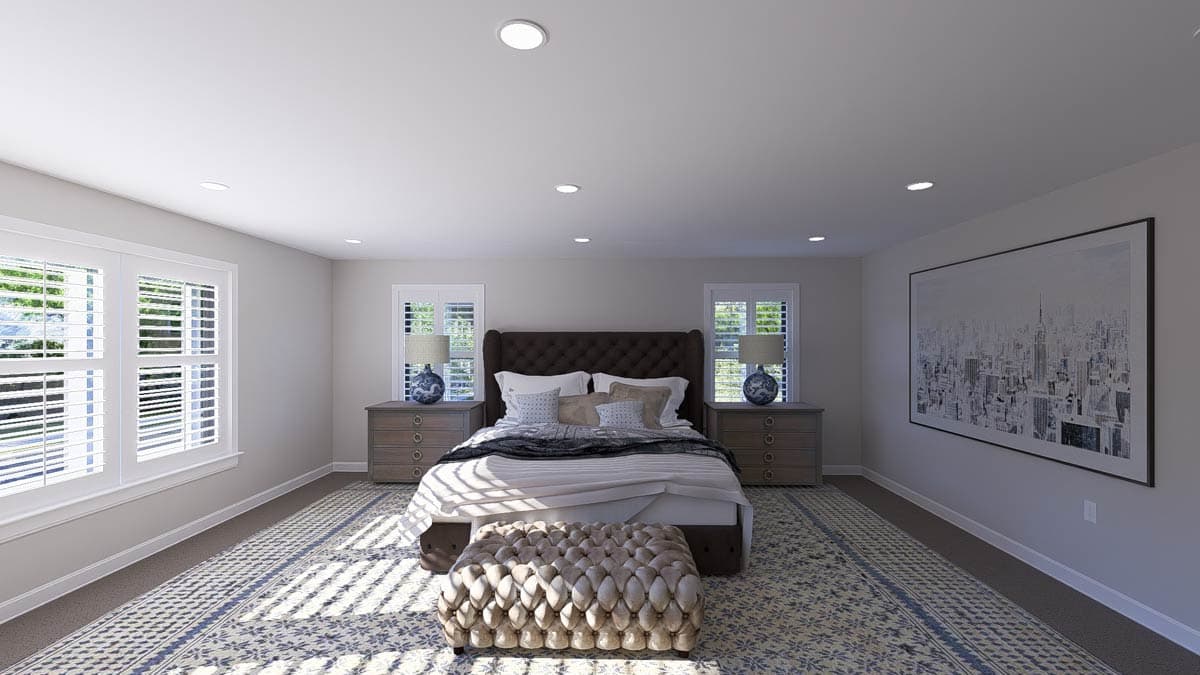 Interior rendering of a bedroom with a tufted headboard, two nightstands with lamps, plantation shutters on windows, and cityscape artwork.