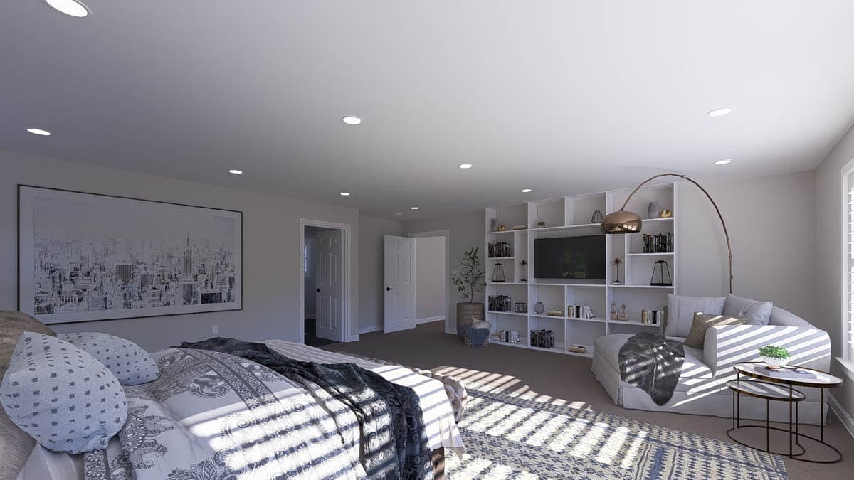 Bedroom interior with large city skyline artwork, built-in shelving unit with TV, and seating area.