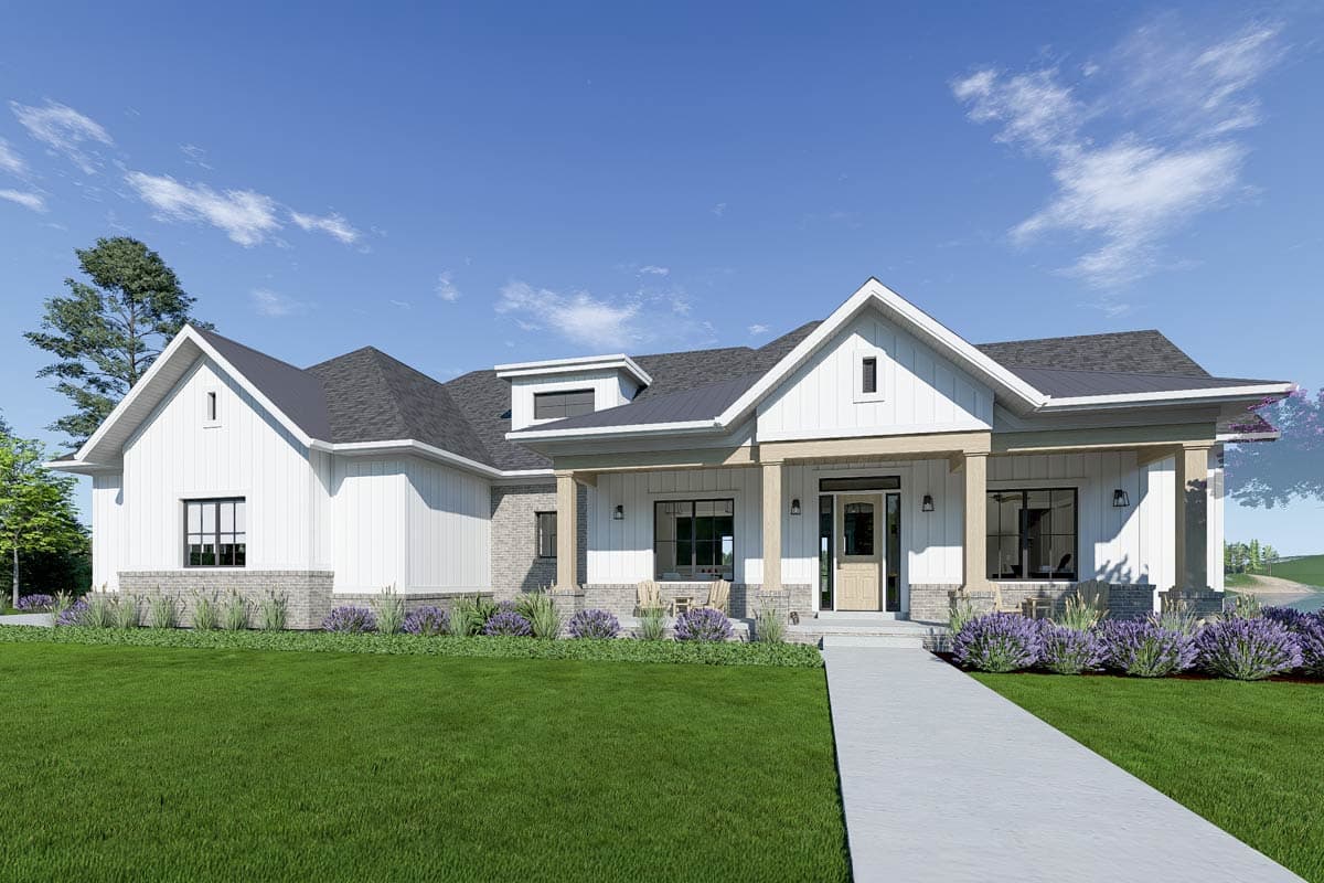 Modern Farmhouse house plan exterior with covered porch, gables, dormer, and board and batten siding.