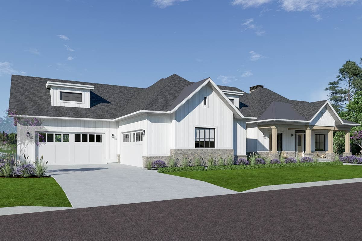 Modern Farmhouse house plan exterior with a 3-car garage, prominent gable, and covered front porch with stone accents.