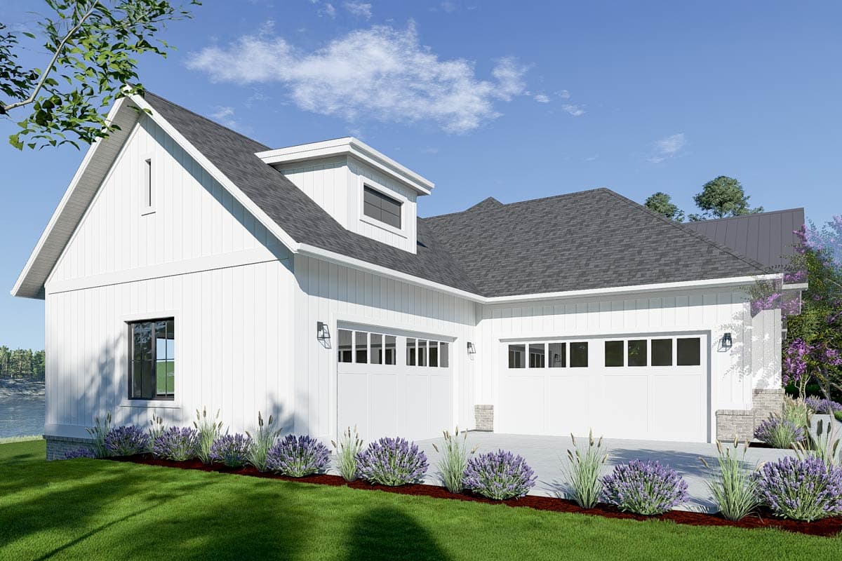 Modern Farmhouse house plan exterior with white vertical siding, gable, dormer, and a three-car garage.