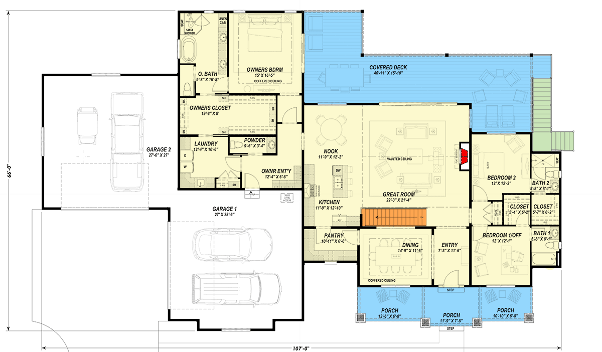 Plan 64563SC: Flexible New American Ranch House Plan: Main-Level Master and Walkout Lower Level - Floor Plan - Main Level - New American, Ranch