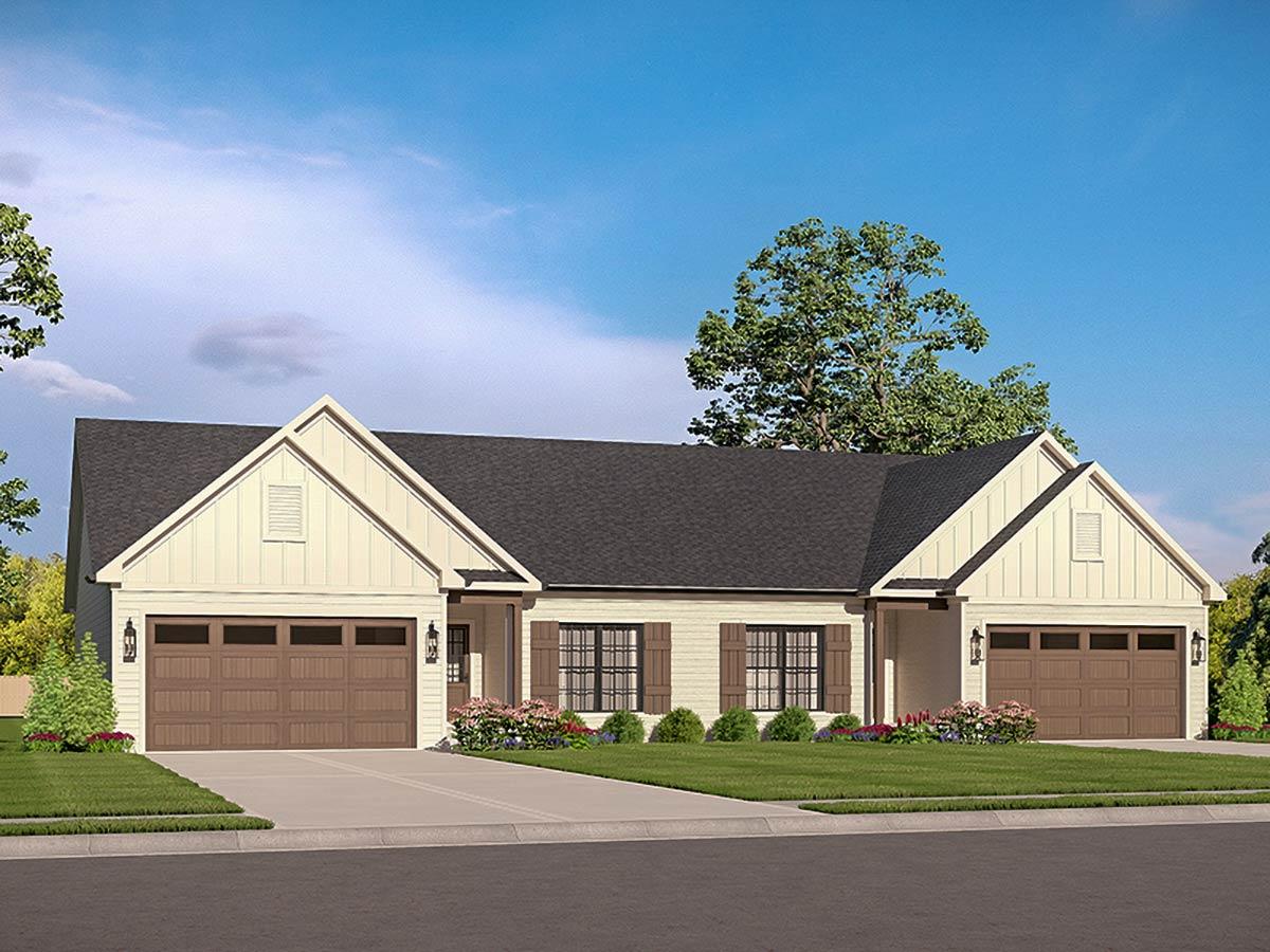 Modern Farmhouse house plan exterior, single story, with two garages, gables, and board and batten siding.