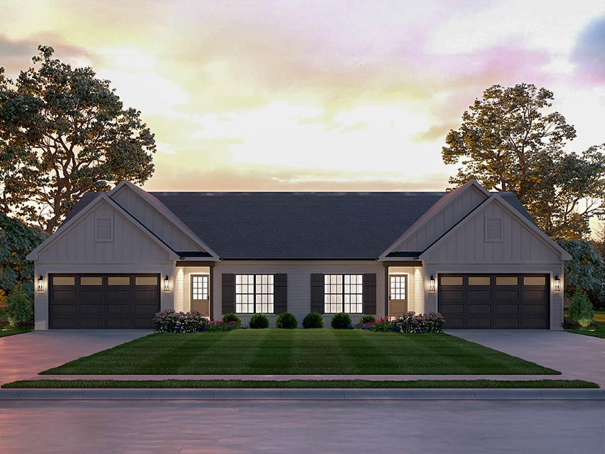 Modern Farmhouse style house plan exterior: one story, twin garages, prominent gables, and front entry doors.