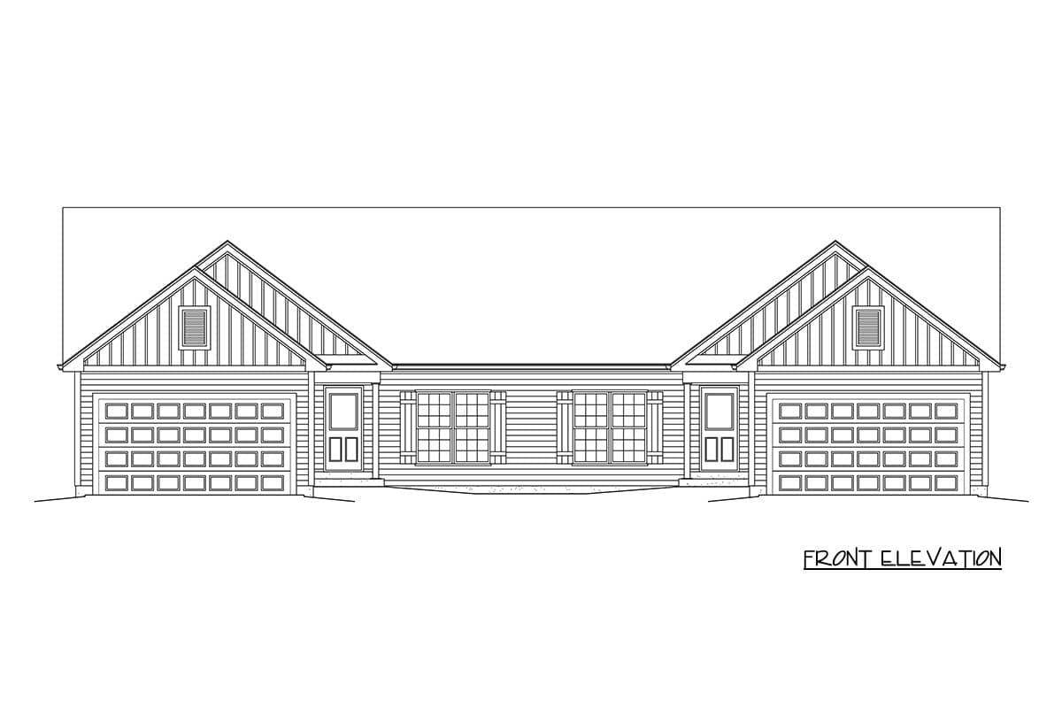 Front elevation drawing of a single-story house with two garages, gable dormers, and a central entrance.