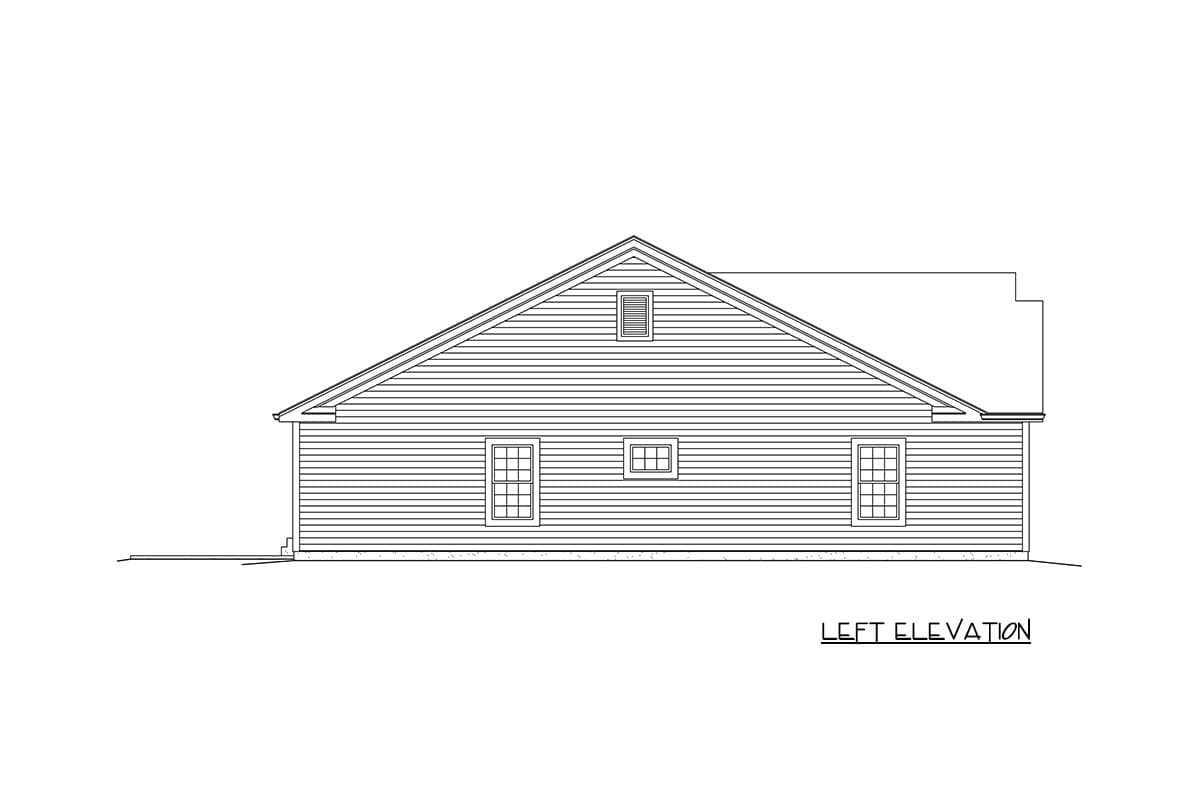 Left elevation of a house plan showing a gable roofline, vinyl siding, three windows, and a dormer.