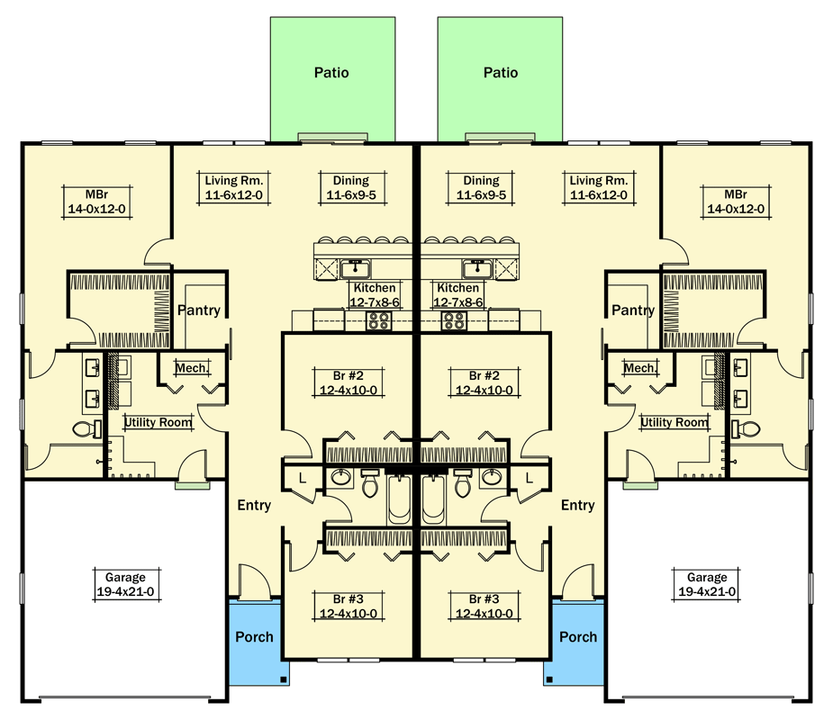 Plan 57051HA: Modern Farmhouse Duplex Plan with Split Bedrooms and 2-Car Garages - Floor Plan - Main Level - Farmhouse, Modern Farmhouse, Ranch