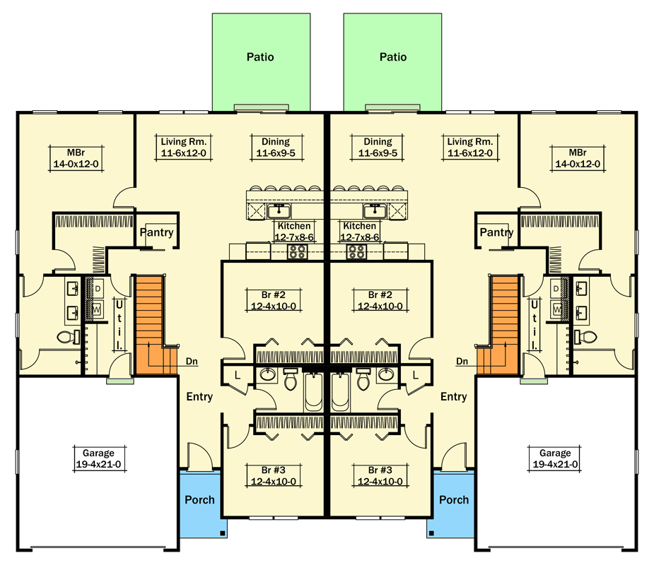 Plan 57051HA: Modern Farmhouse Duplex Plan with Split Bedrooms and 2-Car Garages - Floor Plan - Optional Basement Stairs - Farmhouse, Modern Farmhouse, Ranch