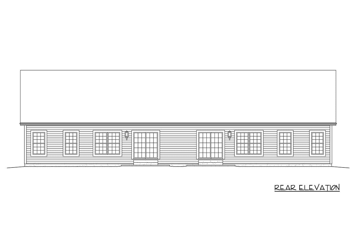 Rear elevation drawing of a single-story house with horizontal siding, multiple windows, and two sets of French doors.