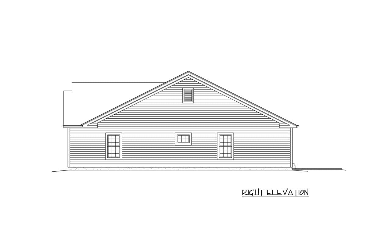 Right elevation drawing of a house plan with horizontal siding, a gable roof, and three windows.