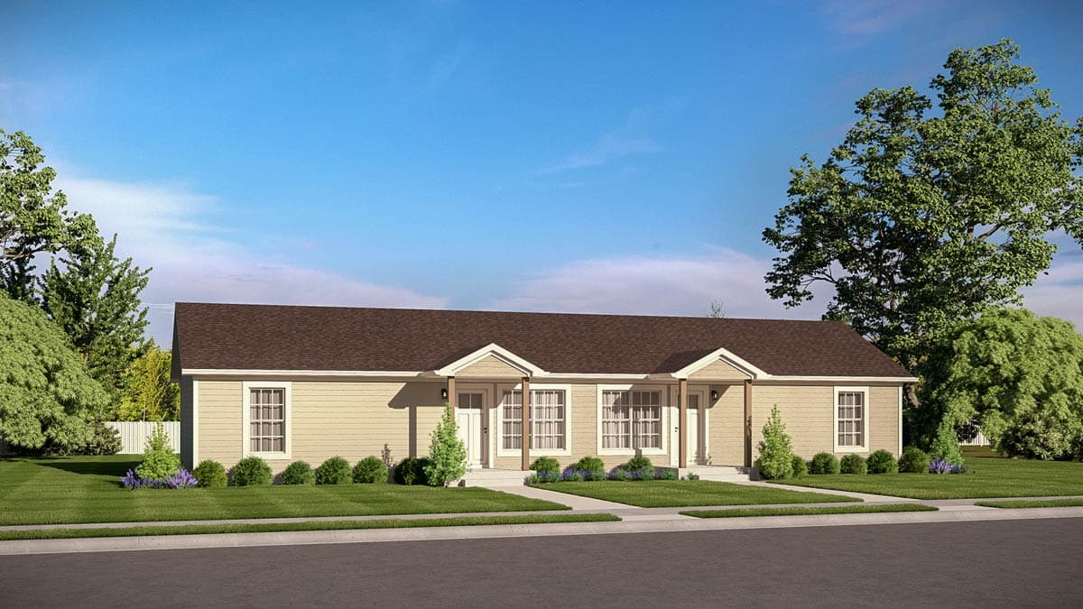 Ranch-style duplex house plan exterior with paired entries, dual gables, and single-story layout.