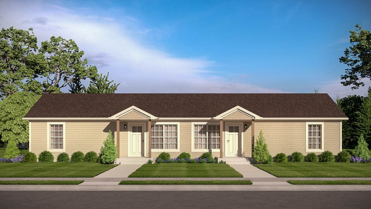 House plan exterior: Single-story duplex with two front entrances, gable accents over doorways, and grid-pane windows.