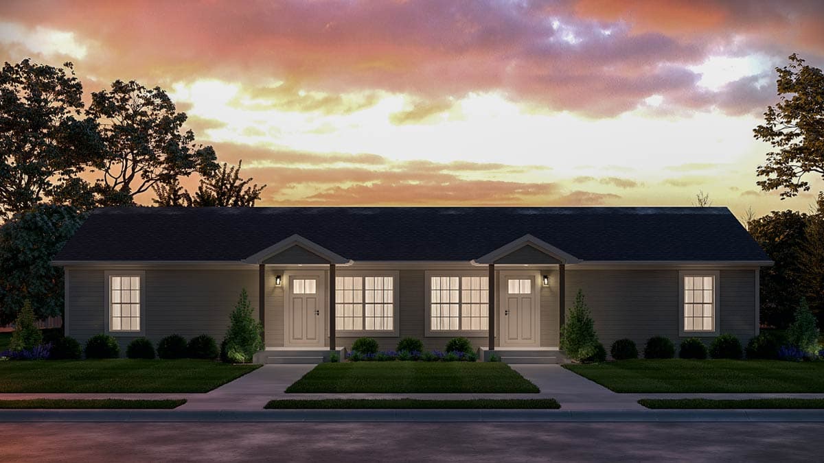 Ranch style house plan exterior with symmetrical design, two front doors, covered porches, and multiple windows.