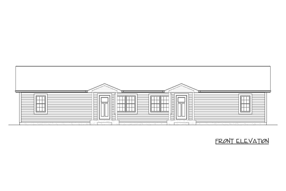Front elevation drawing of a single-story house plan with two doors, multiple windows, and gabled entryways.