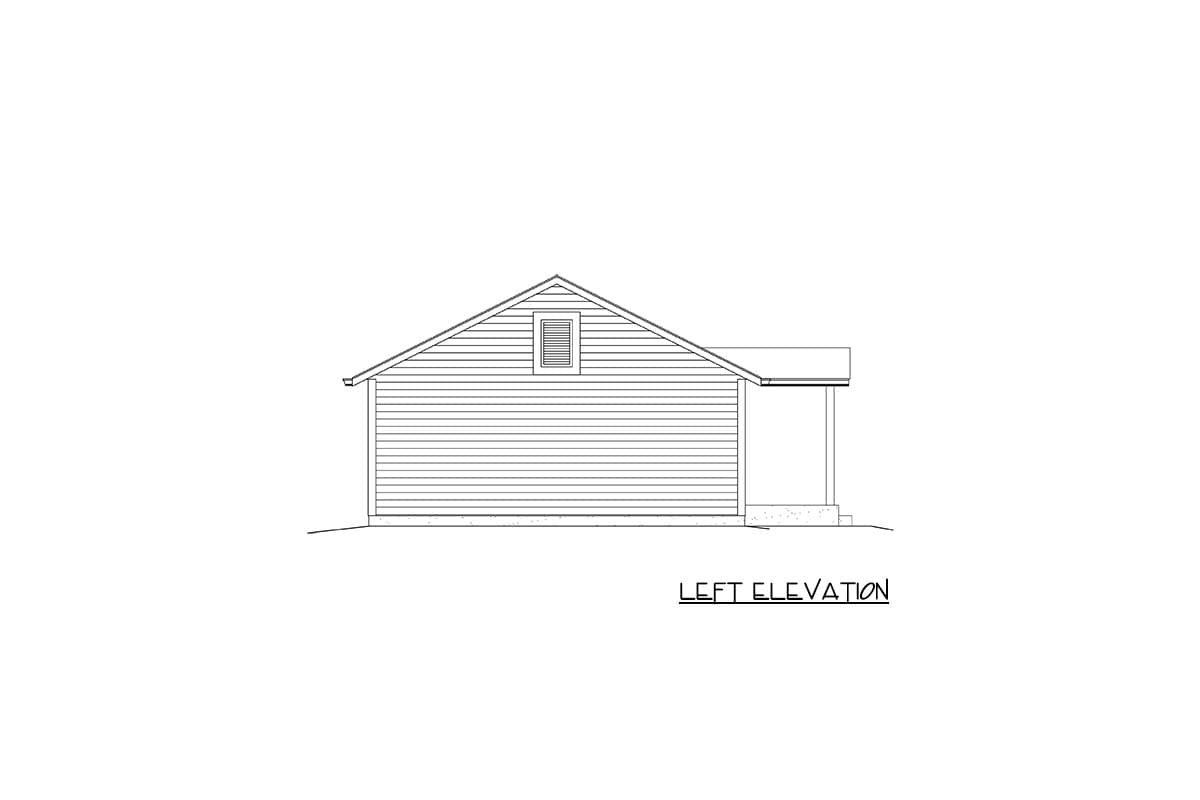 House plan left elevation showing horizontal siding, gabled roof, dormer window, and covered porch with columns.