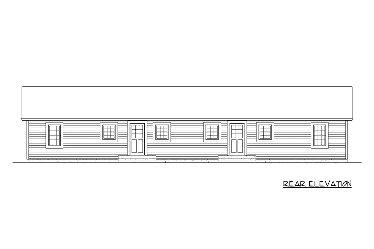 Rear elevation drawing of a single-story house with two doors, four windows, and horizontal siding.