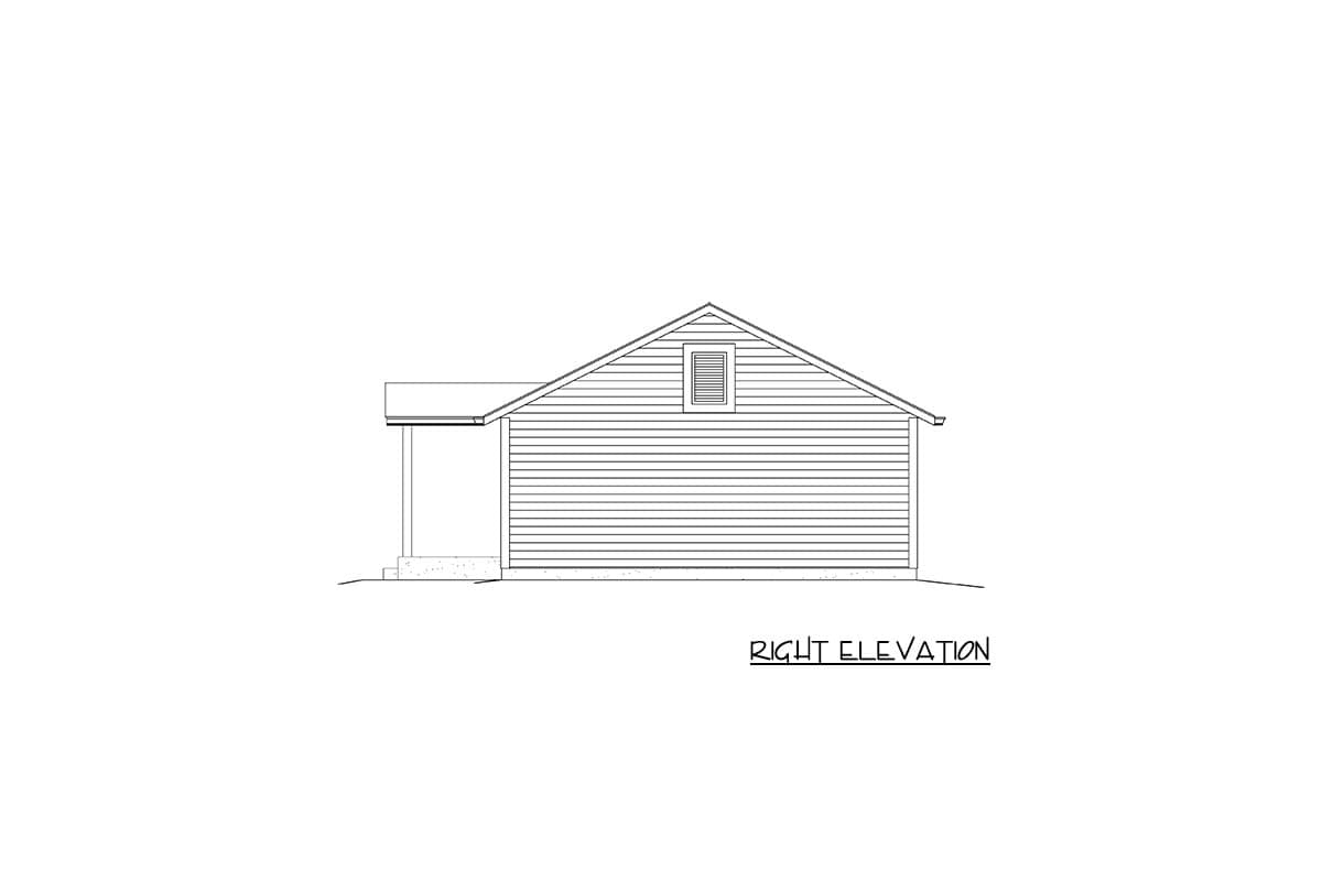 Right elevation drawing of a house plan featuring horizontal siding, a gable roof, a small porch, and a gable vent.
