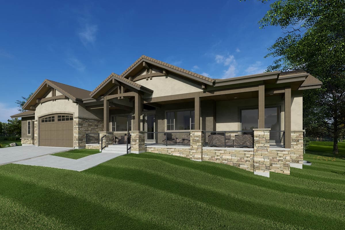 House plan exterior of a single-story home with a deep covered porch, stone accents, and a gabled garage.