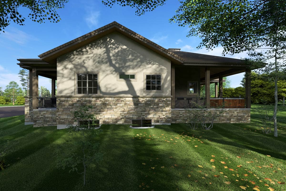 House plan exterior: Modern style, two stories, stone base, gabled roof, covered porch with columns, and multiple windows.
