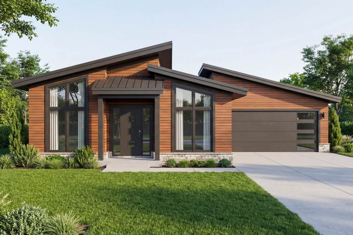 Modern single-story home with a sloped roof, brown wooden siding, and a manicured lawn. Features large windows, dark trim, and a garage.