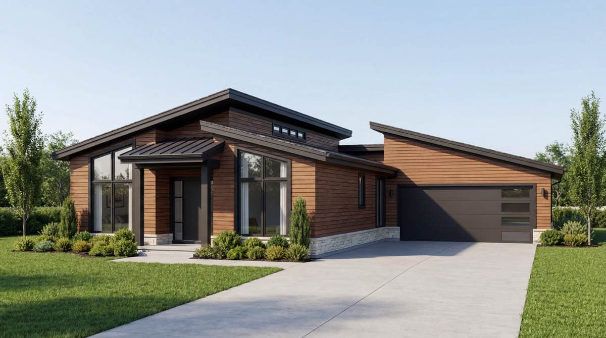Modern house plan exterior with horizontal siding, a low-pitched roof, large corner windows, and a two-car garage.