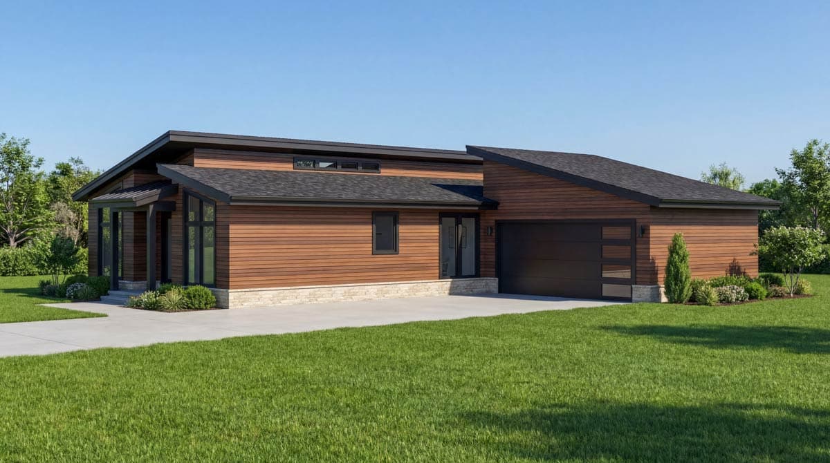 Modern house plan exterior featuring horizontal wood siding, stone base, asymmetrical rooflines, and a glass-paneled garage door.