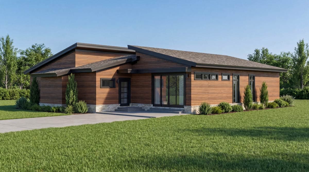 Modern ranch house plan exterior with wood siding, large windows, and asymmetrical rooflines.