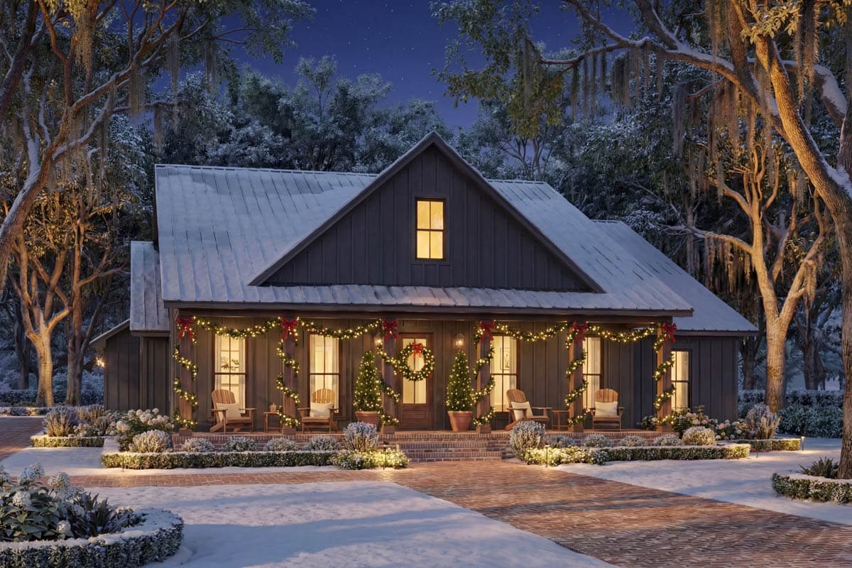 A warmly lit home decorated for Christmas is surrounded by snow-covered trees and a brick path leading to the front porch.