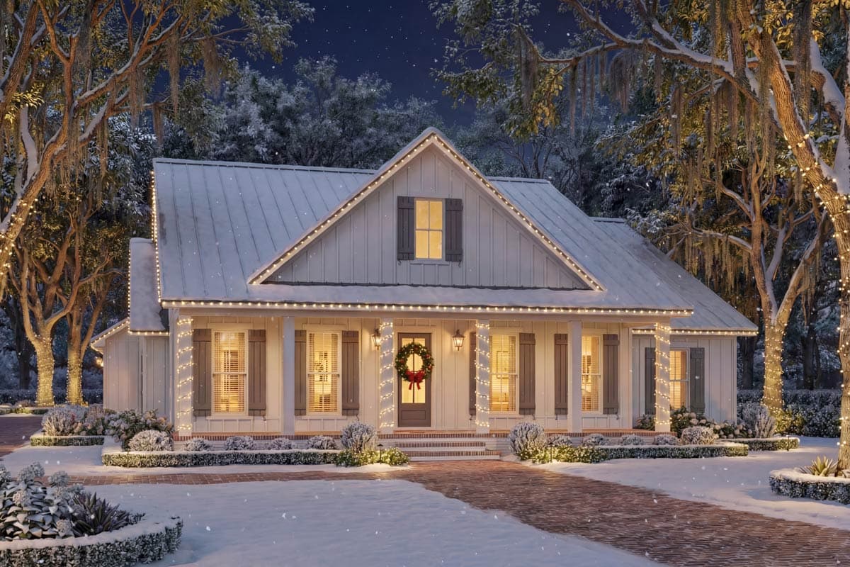 A snowy, illuminated house with Christmas lights and a wreath on the door. The trees are also adorned with lights, creating a cozy winter scene.
