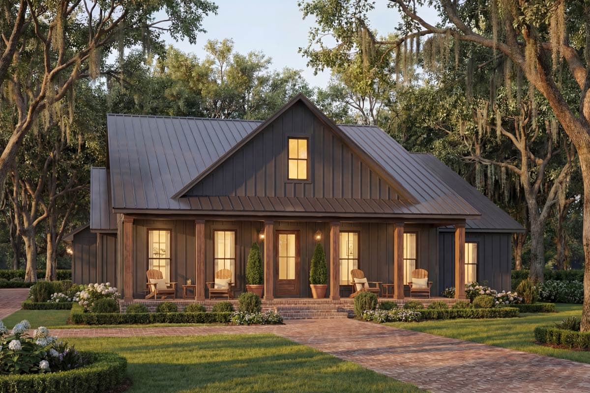 A dark gray farmhouse with a front porch, flanked by lush green landscaping and brick pathway. Tall trees surround the home, creating a serene setting.